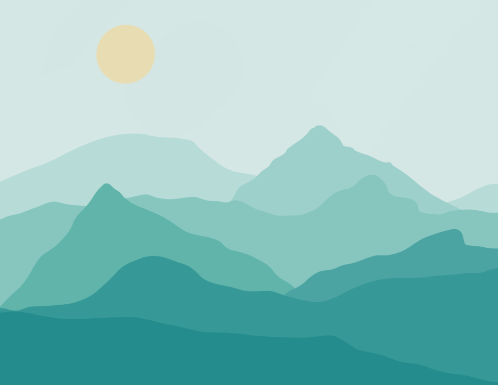 Mountain silhouettes in different shades of teal representing the road of recovery