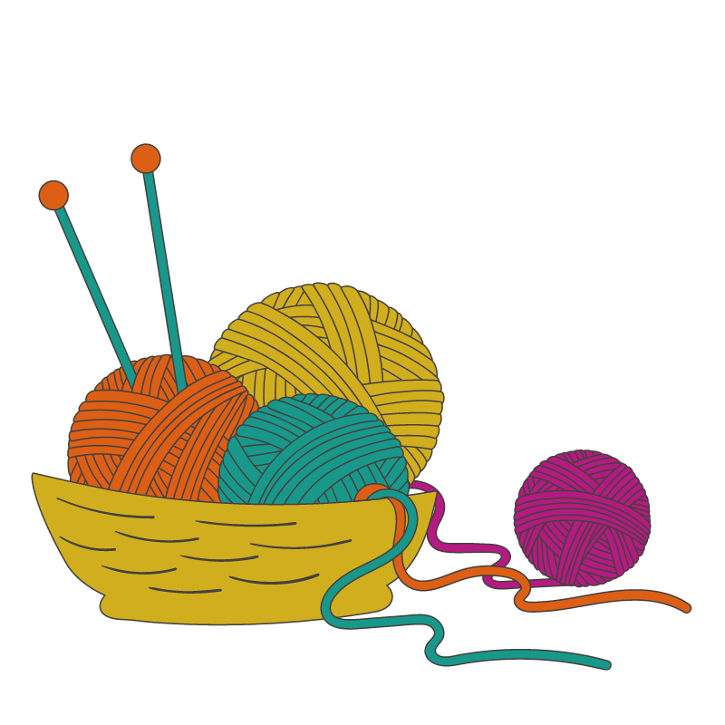 Knitting needles in a bundle of yarn in a big basket full of different coloured yarns