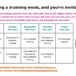 We're hosting a series of training sessions from the 12th-16th June at the Maple Centre, Huntingdon, and we'd love for you to attend one or more! Each session will only cost you the price of a hot meal (£5) for someone in need to use at The EDGE Café! Here's the timetable for the week: Times/Dates Monday 12th JuneTuesday 13th JuneWednesday 14th JuneThursday 15th JuneFriday 16th JuneAM session: 9:30am - 12:30pmCo-Production TrainingIntroduction to Addiction TrainingCo-Production TrainingRecovering from Addiction TrainingCo-Production TrainingPM session: 1 - 4pmPorn and Sex Addiction TrainingCo-Production TrainingSpirituality and Recovering from Addiction TrainingCo-Production Training