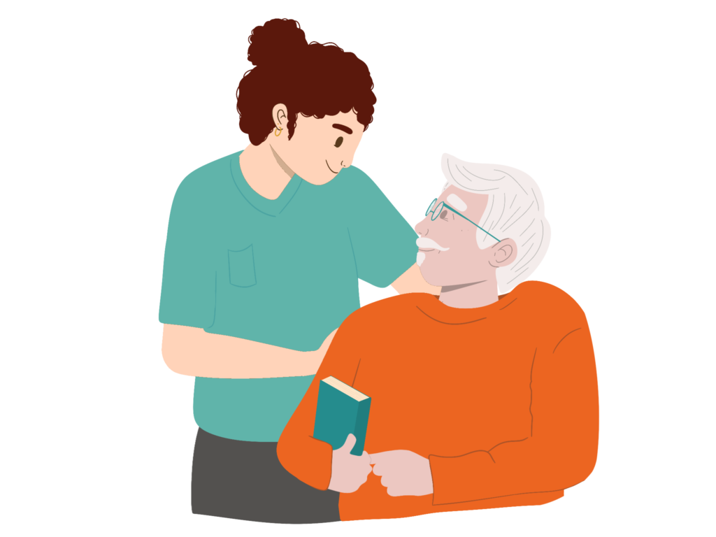 illustration with a carer looking after an older man with glasses
