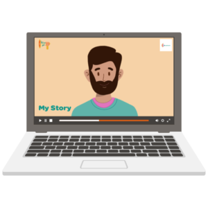 Graphic of a man telling his story on youtube on a laptop