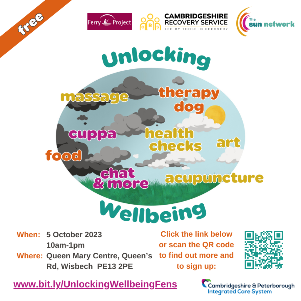 Unlocking Wellbeing Event poster 5 October at QMC in Wisbech starting at 11am. Free food, beverages & wellbeing tasters